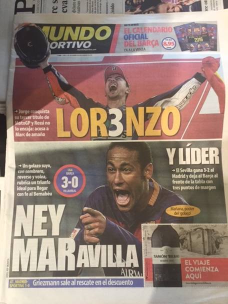 Grande enfasi sulla stampa spagnola per la vittoria del Mondiale MotoGP di Jorge Lorenzo. El Mundo Deportivo apre con l&#39;esultanza del miaorchino e un gioco di parola con il 